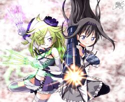 2girls akemi_homura akemi_homura_(magical_girl) aki_mabayu black_hair fim-92_stinger firing green_hair highres holding holding_scissors holding_weapon kishimen_hair magia_record:_mahou_shoujo_madoka_magica_gaiden magical_girl mahou_shoujo_madoka_magica multiple_girls muzzle_flash one_eye_covered purple_eyes rocket_launcher scissors scissors_hair_ornament shinkai_no_shachi weapon