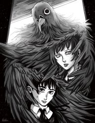 1other 2girls ascot beak chainsaw_man commentary earrings fami_(chainsaw_man) feathered_wings fourth_east_high_school_uniform greyscale guillotine_devil_(chainsaw_man) highres jewelry mitaka_asa mole mole_under_eye monochrome multiple_girls multiple_moles parted_lips ringed_eyes school_uniform signature sweatdrop wings wischkaa
