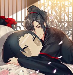 1boy absurdres bamboo_leaf bed_sheet bishounen black_eyes black_hair black_hanfu character_doll character_pillow chinese_clothes closed_mouth doll falling_petals flower hanfu headband high_ponytail highres hug hugging_object implied_yaoi indoors jug_(bottle) jujeop korean_commentary lan_wangji lattice leaf long_hair long_sleeves lying male_focus modao_zushi one_eye_closed petals pillow pillow_hug ponytail robe sidelocks smile solo sunlight upper_body wei_wuxian white_headband wide_sleeves window yellow_eyes