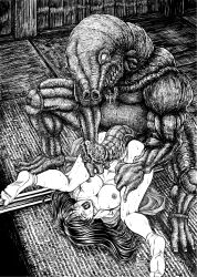 1boy 1girl absurdres breasts cleavage crying crying_with_eyes_open highres imminent_penetration imminent_rape japanese_clothes kimono large_breasts large_penis legs_up long_hair monochrome monster monster_sex muscular muscular_male nipples nude oni open_clothes open_kimono open_mouth original penis precum rape saliva scared screaming spread_legs sweat tabi tatami tears yuyu_(1bit)
