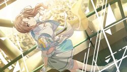belt brown_hair gloves highres ichikawa_hinana idolmaster idolmaster_shiny_colors jewelry long_hair nail_polish necklace official_art shoes side_ponytail sneakers standing white_belt white_gloves