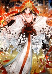 1girl arm_tattoo bead_necklace beads breasts brown_eyes brown_hair chest_tattoo cleavage closed_mouth detached_sleeves dress facial_tattoo fate/grand_order fate_(series) full_body game_cg hands_up headdress himiko_(fate) himiko_(third_ascension)_(fate) japanese_clothes jewelry large_breasts long_dress long_hair long_sleeves looking_at_viewer neck_tattoo necklace official_art outstretched_arms overskirt plunging_neckline sideboob sideless_dress smile solo standing tattoo third-party_source toi8 variant_set very_long_hair white_dress wide_sleeves