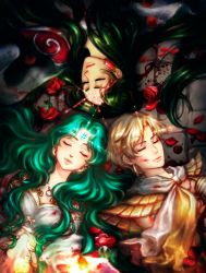 3girls armor bishoujo_senshi_sailor_moon blonde_hair blood blood_on_clothes closed_eyes dress flower from_above glowing green_hair kaiou_michiru kay-i long_hair meiou_setsuna multiple_girls neptune_symbol outer_senshi petals pluto_symbol rose rose_petals short_hair shoulder_armor ten&#039;ou_haruka uranus_symbol white_dress