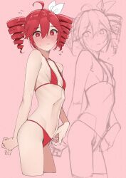 1girl ahoge bikini blush bow drill_hair flat_chest from_side hair_between_eyes hair_bow highres kasane_teto kawai_ritsu_(rits_meg) looking_at_viewer navel pink_background red_bikini red_eyes red_hair solo swimsuit twin_drills utau white_bow