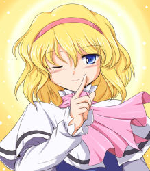 1girl alice_margatroid blonde_hair blue_eyes capelet female_focus flx hairband one_eye_closed short_hair smile solo touhou upper_body wink