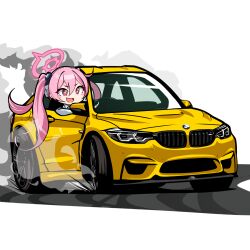1girl :d blue_archive bmw bmw_m4 car collared_shirt drifting fang hair_between_eyes hair_ornament halo highres koyuki_(blue_archive) long_hair long_sleeves motor_vehicle nougat_(no_9ada) open_mouth pink_eyes pink_hair pink_halo shirt sidelocks skin_fang smile solo transparent_background twintails v-shaped_eyebrows vehicle_focus very_long_hair white_shirt yellow_car