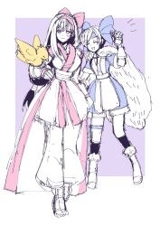 2girls ainu_clothes arm_up boots breasts chocobo closed_eyes cosplay final_fantasy final_fantasy_vii fingerless_gloves gloves hair_ribbon happy highres large_breasts legs long_hair multiple_girls nakoruru open_mouth pants pink_eyes ribbon rimururu samurai_spirits short_hair shorts small_breasts smile snk square_enix thighs tifa_lockhart yuffie_kisaragi