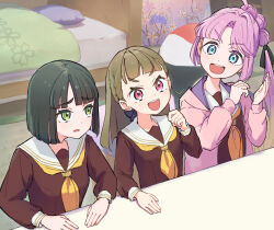 3girls :d ahoge anyoji_hime bed black_bow black_hair blonde_hair blue_eyes blunt_bangs blunt_ends bob_cut bow braid brown_dress brown_hair center-flap_bangs dress gradient_hair hair_bow hair_intakes hasu_no_sora_school_uniform highres hood hooded_jacket in-universe_location indoors jacket kachimachi_kosuzu lao_ren_xing link!_like!_love_live! long_hair long_sleeves love_live! momose_ginko multi-tied_hair multicolored_hair multiple_girls neckerchief open_clothes open_jacket open_mouth parted_lips pink_hair pink_jacket ponytail raised_inner_eyebrows sailor_collar sailor_dress school_uniform short_hair side_braids sidelocks sitting smile tsuru_(love_live!) v-shaped_eyebrows virtual_youtuber white_sailor_collar winter_uniform yellow_neckerchief