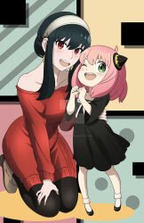 anya_(spy_x_family) bare_shoulders black_hair breasts collarbone green_eyes large_breasts looking_at_viewer madcatstudios open_mouth pink_hair red_eyes smile spy_x_family yor_briar