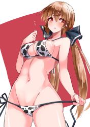 1girl absurdres animal_print bikini black_bow blush bow breasts brown_eyes brown_hair cow_print cowboy_shot flying_sweatdrops groin hair_between_eyes hair_bow hair_ornament hairclip highres kantai_collection komb long_hair low_twintails medium_breasts navel parted_lips solo swimsuit tashkent_(kancolle) twintails white_bikini