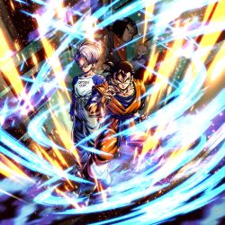 Rule 34 | 1girl, 3boys, android 17, android 18, dragon ball, dragon ball legends, fighting stance, highres, master and apprentice, master and pupil, multiple boys, muscular, muscular male, official art, serious, son gohan (future), trunks (dragon ball), trunks (future) (dragon ball)