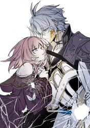 1boy 1girl ahoge armor blood blood_on_face blue_eyes broken_glass coat cyrene_(honkai:_star_rail) glass gold_blood hashtag-only_commentary highres honkai:_star_rail honkai_(series) ilsijeongj2213 looking_at_viewer pauldrons phainon_(honkai:_star_rail) pink_hair purple_coat short_hair shoulder_armor simple_background single_pauldron white_background white_coat white_hair