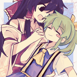2girls :d absurdres ascot black_eyes black_hair blue_dress blush_stickers bow chinese_commentary closed_eyes closed_mouth collared_shirt commentary_request cookie_(touhou) daiyousei detached_sleeves diyusi_(cookie) dress empty_eyes frilled_bow frilled_hair_tubes frills green_hair hair_bow hair_tubes hakurei_reimu high-visibility_clothing high-visibility_vest high_ponytail highres holding_hands long_hair looking_at_another multiple_girls noel_(cookie) open_mouth pinafore_dress ponytail red_bow red_shirt shirt short_hair sidelocks single_blush_sticker sleeveless sleeveless_dress sleeveless_shirt smile spookygemini touhou upper_body white_shirt white_sleeves yellow_ascot yellow_bow