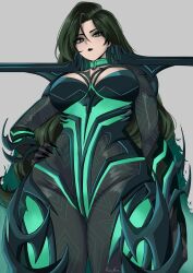 1girl absurdres artist_name black_hair black_lips black_nails breasts green_eyes grey_background hand_on_own_hip hela_(marvel) highres kalennoir large_breasts long_hair looking_at_viewer looking_down marvel marvel_rivals simple_background sitting solo