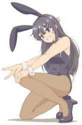 Rule 34 | 1girl, animal ears, arar0158, bare shoulders, black hair, black leotard, blush, bow, bowtie, breasts, detached collar, fake animal ears, full body, high heels, leotard, long hair, looking at viewer, open mouth, pantyhose, playboy bunny, purple eyes, rabbit ears, rabbit tail, shoes, simple background, smile, solo, squatting, strapless, strapless leotard, tail, white background, wrist cuffs