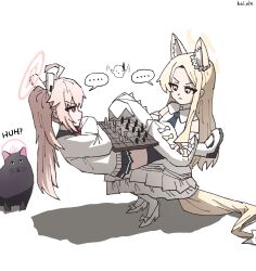 ... 2girls absurdres ahoge animal_ears animalization artist_name bird black_cat black_sailor_collar black_skirt black_thighhighs blonde_hair blue_archive blue_necktie board_game bow cardigan cat chess chess_piece closed_mouth commentary concentrating cross_halo crossed_arms detached_sleeves dress english_commentary english_text extra_ears forehead fox_ears fox_girl fox_tail frilled_dress frilled_sleeves frills hair_bow hair_ornament halo high_heels high_ponytail highres huh?_cat_(meme) kai_xin kazusa_(blue_archive) long_hair long_sidelocks meme miniskirt multiple_girls natsu_(blue_archive) neckerchief necktie pantyhose parted_bangs petticoat pink_hair pink_halo ponytail red_eyes red_neckerchief sailor_collar seia_(blue_archive) shoes short_dress short_necktie side_ponytail sidelocks simple_background sitting sitting_on_lap sitting_on_person skirt sleeve_bow sleeveless sleeveless_dress sleeves_past_fingers sleeves_past_wrists sneakers spoken_ellipsis squatting tail thighhighs tit_(bird) turtleneck white_background white_bow white_cardigan white_dress white_pantyhose white_shoes white_sleeves yellow_bow yellow_eyes yellow_halo zettai_ryouiki