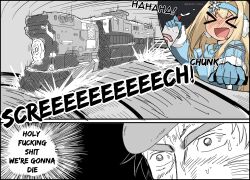 Rule 34 | &gt; &lt;, 1boy, 1girl, alcohol, blonde hair, blue hairband, blue jacket, blush, bottle, closed eyes, commander (girls&#039; frontline), drifting, drunk, elmo (vehicle), english text, girls&#039; frontline, girls&#039; frontline 2: exilium, hair ornament, hairband, highres, holding, holding bottle, jacket, long hair, meme, multi-track drifting (meme), open mouth, profanity, sidelocks, smart oval, smile, smirnoff (vodka), sound effects, sparks, speech bubble, suomi (girls&#039; frontline), suomi (girls&#039; frontline 2), twitter username, upper body, vodka