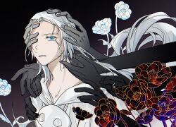 Rule 34 | 1girl, black skin, blue eyes, braid, colored skin, elpis flower, enullim, final fantasy, final fantasy xiv, flower, from side, ghost hands, gradient background, half up braid, hands on another&#039;s head, hands on another&#039;s shoulders, highres, long hair, looking at viewer, mask, mask around neck, one eye covered, portrait, red flower, sophist&#039;s robe (ff14), unworn mask, venat (ff14), white flower, white hair