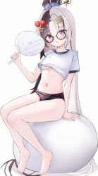 1girl absurdres barefoot black_buruma black_hair breasts buruma commission full_body gym_shirt gym_uniform hand_fan highres holding long_hair looking_at_viewer midriff mismatched_pupils multicolored_hair navel original purple_eyes round_eyewear shirt simple_background sitting solo stomach toes underboob usagi_(786113654) very_long_hair white_background white_hair
