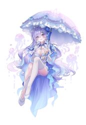 1girl absurdres blue_eyes breasts cantarella_(wuthering_waves) commentary dress floating garter_straps highres holding holding_umbrella invisible_chair large_breasts long_hair manyokobo parasol purple_hair purple_umbrella simple_background sitting solo thighhighs twitter_username umbrella very_long_hair white_background white_dress white_garter_straps white_thighhighs wuthering_waves