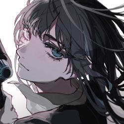 Rule 34 | 1girl, ado (utaite), aegyo sal, black hair, blue eyes, blush, chando (ado), closed mouth, commentary, english commentary, highres, long hair, looking at viewer, mole, mole under eye, official art, orihara (ewkkyorhr), sidelocks, simple background, solo, utaite, white background