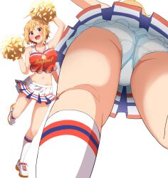 1girl :d absurdres arms_up ass bare_arms blonde_hair breasts cheerleader cleavage collarbone commentary_request from_below haruki_(haruki678) highres holding holding_pom_poms ibuki_tsubasa idolmaster idolmaster_million_live! looking_at_viewer medium_breasts multiple_views navel open_mouth orange_shirt panties pink_eyes pleated_skirt pom_pom_(cheerleading) pom_poms shirt shoes skirt smile sneakers socks solo standing thighs underwear white_panties white_skirt white_socks