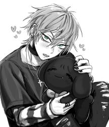 1boy alien_stage animal animalization closed_eyes commentary cross cross_necklace ear_piercing earrings english_commentary fang green_eyes greyscale hair_between_eyes heart highres holding holding_animal ivan_(alien_stage) jewelry looking_at_viewer male_focus monochrome necklace open_mouth pants piercing rabbit ring shinumeru short_hair sitting smile solo till_(alien_stage) torn_clothes torn_pants