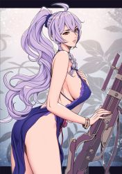 1girl :o ahoge ass back backless_dress backless_outfit blue_dress bow bracelet braid breasts china_dress chinese_clothes commentary_request cowboy_shot crossed_bangs dress female_focus floral_background floral_print granblue_fantasy gun hair_between_eyes hair_bow highres jewelry large_breasts letterboxed long_hair oda_non parted_lips pink_lips ponytail rifle scrunchie sideboob silva_(gentian_blue)_(granblue_fantasy) silva_(granblue_fantasy) silver_hair solo twin_braids wavy_hair weapon yellow_eyes