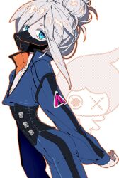 1girl bandaid bandaids_on_nipples blue_eyes blue_jacket blue_pants breasts collared_jacket colored_eyelashes cowboy_shot deux_murasame grey_hair gundam gundam_gquuuuuux hair_bun halftone high_collar highres jacket long_sleeves looking_at_viewer mask mouth_mask outline pale_skin pants pasties simple_background small_breasts solo white_background yang_gallae