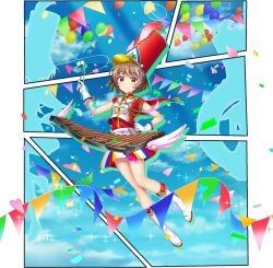 1girl alternate_costume balloon blue_skirt blue_sky boots brown_eyes brown_hair closed_mouth cloud confetti day epaulettes fringe_trim full_body game_cg gloves hat hat_feather hat_ornament highres holding instrument looking_at_viewer lunasa_prismriver lunasa_prismriver_(prism_march_baton) lyrica_prismriver lyrica_prismriver_(prism_march_xylophone) merlin_prismriver merlin_prismriver_(prism_march_sousaphone) multicolored_skirt official_art red_hat red_skirt rotte_(1109) shako_cap shirt shooting_star_hat_ornament short_hair short_sleeves silhouette skirt sky smile solo sparkle star_(symbol) star_hat_ornament star_print third-party_source touhou touhou_lostword transparent_background white_boots white_gloves white_shirt wings xylophone yellow_skirt