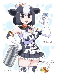 1girl animal_ears animal_print bare_shoulders bell black_bow black_bowtie black_eyes black_gloves black_hair black_shirt black_skirt black_thighhighs blush bottle bow bowtie cow_ears cow_girl cow_print cow_tail elbow_gloves frilled_skirt frills gloves hair_between_eyes hair_bow holstein_friesian_cattle_(kemono_friends) kemono_friends kemono_friends_3 milk_bottle multicolored_hair open_mouth orange_bow pleated_skirt print_gloves print_shirt print_thighhighs shirt siberian_shima sidelocks skirt sleeveless smile solo tail tail_bell tail_bow tail_ornament thighhighs two-tone_gloves two-tone_hair two-tone_shirt two-tone_thighhighs white_gloves white_hair white_shirt white_thighhighs zettai_ryouiki