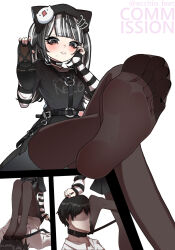 Rule 34 | 1boy, 1girl, black eyes, black hair, blush, collar, crossed legs, ecchi-o, feet, grabbing another&#039;s hair, hand on own cheek, hand on own face, highres, leash, long hair, looking at viewer, pantyhose, parted lips, shoes, single shoe, sitting, sitting on person, soles, toes, twintails, unworn shoes, white hair