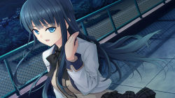 Rule 34 | 1girl, absurdres, black bow, black bowtie, black hair, blue eyes, blunt bangs, bow, bowtie, chain-link fence, dutch angle, female focus, fence, game cg, harem tengoku da to omottara yandere jigoku datta, highres, hiiro yuki, long hair, looking at viewer, night, open mouth, plaid clothes, plaid skirt, pleated skirt, rooftop, school uniform, skirt, solo, toutomi kanna, tree
