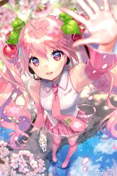 1girl :d ahoge animal arm_up bare_shoulders blurry blurry_foreground blush branch cat cherry_blossoms cherry_hair_ornament collared_shirt commentary_request depth_of_field detached_sleeves flower food-themed_hair_ornament green_eyes hair_between_eyes hair_ornament hatsune_miku highres long_hair long_sleeves looking_at_viewer necktie nishimura_eri open_mouth petals pink_flower pink_hair pink_necktie pink_skirt pink_sleeves pleated_skirt puddle red_eyes reflection sakura_miku shirt skirt sleeveless sleeveless_shirt smile solo standing tie_clip twintails very_long_hair vocaloid water watermark white_shirt