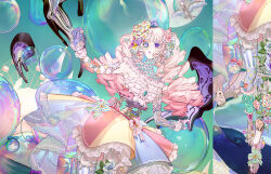 1girl absurdres analog_clock animal animal_skeleton aqua_background aqua_gemstone argyle_background asymmetrical_gloves bare_shoulders barefoot bird blue_dress blue_eyeshadow blue_flower blue_gloves blue_leggings blue_rose bow bow_earrings breasts bubble carousel cleavage clock clothed_animal colored_eyelashes cone_hair_bun cowboy_shot curtained_hair detached_leggings detached_sleeves dress drill_hair earrings eyeshadow ferris_wheel fishnet_gloves fishnets floral_print flower flower_on_leg food footwear_flower frilled_dress frills gem gloves gradient_flower gradient_hair green_bow hair_bun hair_flower hair_ornament heterochromia high_heels highres hollow_body holographic_clothing jewelry leaf leggings lipstick liquid long_hair looking_to_the_side lower_body makeup melting mismatched_gloves multicolored_dress multicolored_eyes multicolored_hair multiple_drills nail_polish nanase_miri neck_ruff official_art original outstretched_arm pale_skin parted_bangs parted_lips pastel_colors pink_bow pink_dress pink_flower pink_gloves pink_hair pink_lips pink_nails pink_rose plant polka_dot popcorn print_gloves purple_eyes purple_flower purple_rose rabbit red_gemstone ring rose rose_print see-through_clothes short_dress single_detached_legging single_leg_pantyhose soap_bubbles solo spine split_screen strapless strapless_dress striped_bow striped_leggings teardrop_facial_mark thighhighs toenail_polish toenails trellis twin_drills twintails two-tone_bow vines white_bow white_dress white_flower white_hair white_rose white_thighhighs yellow_dress yellow_nails
