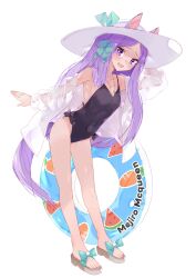 1girl absurdres animal_ears bana_(stand_flower) black_bow black_one-piece_swimsuit bow covered_navel dress_shirt full_body green_bow green_ribbon hair_bow hand_on_headwear hat hat_ribbon highres horse_ears horse_girl horse_tail innertube leaning_forward long_hair long_sleeves looking_at_viewer mejiro_mcqueen_(umamusume) one-piece_swimsuit open_clothes open_mouth open_shirt purple_eyes purple_hair ribbon sandals see-through_clothes see-through_shirt shirt simple_background smile solo standing sun_hat swim_ring swimsuit tail umamusume very_long_hair white_background white_hat white_shirt