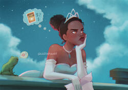Rule 34 | 1girl, artist name, bare shoulders, black hair, blue dress, brown eyes, cloud, dress, elbow gloves, frog, gloves, holding, holding paper, luztapiaart, night, outdoors, paper, solo, speech bubble, strapless, strapless dress, the princess and the frog, thought bubble, tiana (the princess and the frog), tiara, watermark, white gloves