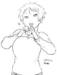 1girl breasts cowboy_shot dated forehead greyscale heart heart_hands large_breasts long_sleeves looking_at_viewer monochrome open_mouth original shirt short_hair signature simple_background teeth tongue tsukudani_(coke-buta) tsurime-chan white_background