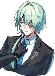 1boy anaxa_(honkai:_star_rail) aqua_hair black_gloves black_jacket blue_eyes chain earrings enasuska eyepatch gloves highres honkai:_star_rail honkai_(series) jacket jewelry looking_at_viewer male_focus open_mouth pink_pupils side_ponytail simple_background single_earring solo upper_body white_background