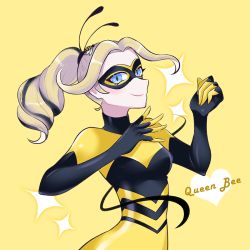 1girl blonde_hair blue_eyes breasts chloe_bourgeois domino_mask hair_ornament hairpin mask miraculous_ladybug multicolored_hair queen_bee_(miraculous_ladybug) sparkle two-tone_hair
