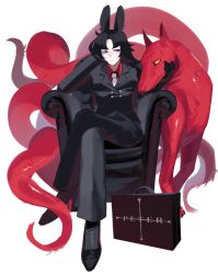Rule 34 | 1girl, bell (crrn), black suit, expressionless, formal clothes, highres, long hair, looking at viewer, monster, open mouth, original, red eyes, red hair, sharp teeth, shiba kiba, solo, suit, teeth, yellow eyes