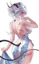 1girl alternate_hairstyle ass bare_back bare_shoulders black_eyes black_horns black_tail blush breasts butt_crack chromatic_aberration commentary cowboy_shot curled_horns dress english_commentary from_behind hand_up highres horns large_breasts long_hair looking_at_viewer median_furrow multicolored_eyes parted_lips profile red_eyes sanya_(sanya_lox228) shoulder_blades simple_background solo tacet_mark_(wuthering_waves) two-tone_eyes wet white_background white_dress wuthering_waves zani_(wuthering_waves)