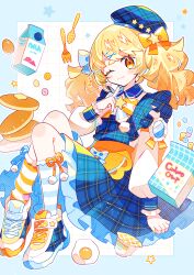 Rule 34 | 1girl, beret, blonde hair, blue dress, blue hat, bow, dress, food, frills, hair ornament, hat, highres, long hair, long sleeves, looking at viewer, milk carton, one eye closed, original, plaid, saijo1201, shoes, socks, solo, star (symbol), striped clothes, striped socks, twintails
