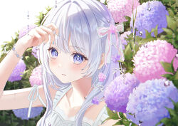 1girl absurdres arm_up bare_shoulders blue_eyes bracelet collarbone commentary dress english_commentary expressionless flower grey_hair hair_intakes half_updo highres hydrangea jewelry lace_bow long_hair looking_at_viewer original parted_lips plant portrait purple_flower purple_hair purple_nails ruruka_003 sidelocks sleeveless sleeveless_dress solo sundress water_drop white_dress