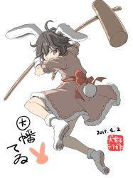 1girl ahoge animal_ears black_hair bow carrot_necklace character_name commentary_request dated dress female_focus frilled_sleeves frills full_body gloves inaba_tewi inuno_rakugaki jewelry kine looking_at_viewer mallet necklace one-hour_drawing_challenge orange_eyes paw_shoes pink_dress puffy_short_sleeves puffy_sleeves rabbit_ears rabbit_girl rabbit_tail red_bow red_sash ribbon-trimmed_dress ribbon_trim sash shoes short_sleeves smile solo tail touhou white_background white_gloves white_shoes