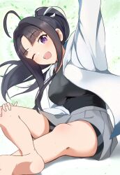 Rule 34 | 1girl, absurdres, arm up, awa subaru, black hair, black shirt, black shorts, blush, breasts, commentary, girls band cry, grey skirt, hair intakes, hair ribbon, highres, jacket, long hair, medium breasts, nanafuku, one eye closed, open clothes, open jacket, open mouth, pleated skirt, ponytail, purple eyes, ribbon, shirt, shorts, shorts under skirt, sidelocks, skirt, solo, white jacket, white ribbon