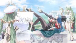 3girls azur_lane bad_tag beret black_dress black_hat blue_hair blue_sky breasts closed_eyes decorations dress green_hair hat highres holding large_breasts leggings light_smile maggiore_baracca_(azur_lane) marco_polo_(azur_lane) multiple_girls non-web_source paintbrush painting_(object) purple_eyes raffaello_(azur_lane) revealing_layer sky thick_thighs thighs twintails weapon