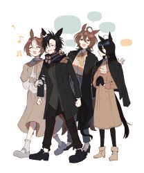 Rule 34 | 4girls, :d, absurdres, agnes tachyon (umamusume), ahoge, air shakur (umamusume), alternate costume, animal ears, ascot, belt, black coat, black gloves, black hair, black pants, black pantyhose, black shoes, black tail, blue scarf, brown hair, brown tail, buttons, capelet, clenched hands, closed eyes, closed mouth, coat, collared coat, collared shirt, ear ornament, earrings, expressionless, eyebrow piercing, fine motion (umamusume), frilled sleeves, frills, full body, gloves, grey footwear, grey pants, grey shirt, hair between eyes, high heels, highres, holding another&#039;s arm, horse ears, horse girl, jacket, jacket on shoulders, jewelry, lip piercing, long skirt, long sleeves, manhattan cafe (umamusume), mary janes, medium hair, messy hair, mujintou png, multicolored hair, multiple girls, musical note, neck ribbon, open clothes, open coat, open mouth, own hands together, pants, pantyhose, parted bangs, piercing, plaid clothes, plaid scarf, red eyes, ribbon, scarf, shirt, shoes, short hair, sidelocks, simple background, single earring, skirt, smile, socks, speech bubble, spoken musical note, streaked hair, sweatdrop, two-tone hair, umamusume, white background, white gloves, white hair, white shirt, white socks, yellow eyes, yellow ribbon