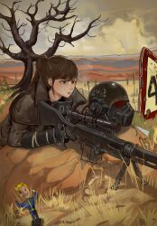 absurdres anti-materiel_rifle bare_tree bipod black_gloves blonde_hair bobblehead brown_hair cigarette cloud cloudy_sky duster fallout fallout:_new_vegas flexing gas_mask gloves grass grey_eyes gun helmet highres kkghost_tv mask ncr_veteran_ranger new_california_republic ponytail rifle road_sign rock scope sign sky smoking sniper_rifle stop_sign tree vambraces vault_boy weapon