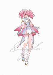 1girl :o absurdres bare_legs boots cape cherry_blossoms cloudyman coattails commission dress expressionless flower footwear_flower frilled_skirt frills full_body gloves hair_between_eyes hair_flower hair_intakes hair_ornament highres light_blush loose_hair_strand magical_girl medium_hair miniskirt original parted_lips pink_cape pink_eyes pink_hair pink_skirt sample_watermark short_dress short_twintails simple_background skirt skirt_under_dress solo standing tachi-e twintails two-sided_cape two-sided_fabric watermark white_background white_boots white_cape white_flower white_gloves wrist_flower
